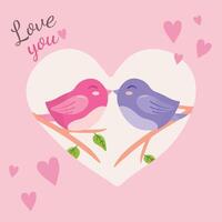 Love you - Valentine s Day card with birds and lettering. hand drawn illustration in flat style. Postcard for holidays and weddings. vector