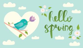 Hello Spring hand drawn illustration. Season lettering with bird holding and a flower. Poster in flat style. vector