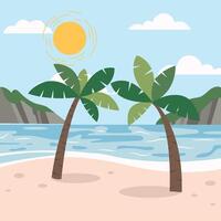 tropical paisaje de costa hermosa mar apuntalar playa y palma arboles en bueno soleado día. ilustración en plano estilo para póster, fiesta fiesta invitación, festivo bandera, tarjeta. vector