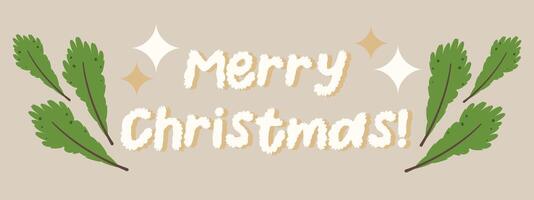 ilustración. alegre Navidad moderno cepillo letras con estrellas y Navidad arboles ramas aislado en antecedentes. Navidad decoración para tarjetas, pancartas, carteles, web. vector
