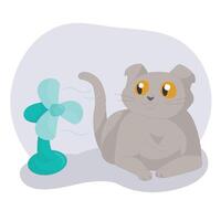 Cat enjoying air flow from cooling fan on floor at home, breeze at home in summer heat. Pet with ventilation equipment in hot weather. Flat illustration isolated on white background. vector