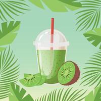 Kiwi juice or cocktail in plastic cup with sphere dome cap and cocktail tube. Fresh squeezed juice. Healthy organic food. illustration on gradient background and frame with tropical leaves. vector