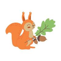 Cute little squirrel holding branch with acorn. Welcome Fall concept. Cartoon animal character for kids t-shirts, nursery decoration, greeting card, invitation, house interior. illustration vector