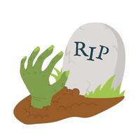 Zombie hand halloween icon, horror tombstone grave, comic cartoon monster green hand, ground. Cemetery tombstone, spooky rising undead illustration, halloween concept vector