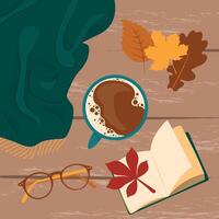 Green blanket, leaves, book and coffee on wood table. Picture in autumn style for poster, card or flyer. Hand drawn illustration. vector