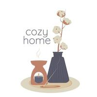 Cozy home elements, candle, home incense, aromatherapy, cotton in vase. Decorative design elements. Hand drawn illustration isolated on white background in modern trendy flat cartoon style. vector