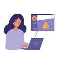 3D designer at work. Girl making, designing object with software at computer, working process. Creative girl creating digital art. Flat illustration isolated on white background vector