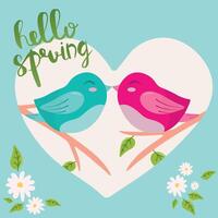 Spring card with two kissing birds on branch. Seasonal lettering hello spring, handdrawn illustration. Poster, banner, postcard vector