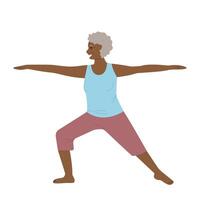 mayor mujer haciendo yoga. antiguo mujer hace Mañana yoga o respiración ejercicios. aislado ilustración. mental salud concepto. vector