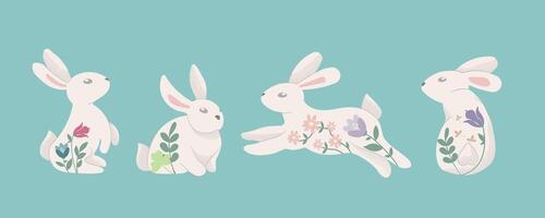 Easter bunny trendy set. Set of cute white rabbits or hares. Flat cartoon colorful illustration vector