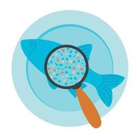 Plastic pollution, microplastic problem. Microplastic in food. Ecological poster. Fish with micro plastic pieces on plate. illustration isolated on white background. vector