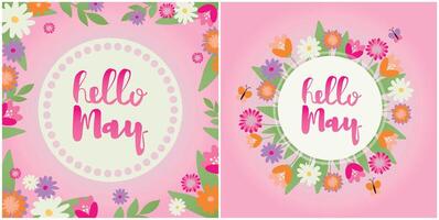 Set of Hello May cards with decorative floral frame, illustration, decorative florid background with copy space vector