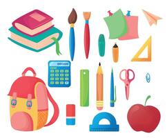 School supplies set - books, backpack, calculator, brushes, ruler, eraser, pen, pencil, markers, notes, scissors, apple, paper clip. Elements isolated on white background. illustration. vector