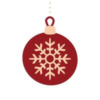 Circle red Christmas tree toy with snowflake. Illustration in flat style. Season decoration, Christmas and New Year celebration, icon isolated on white background. design template. vector