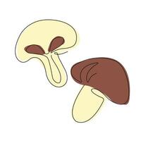 Mushrooms in continuous line art drawing style. Half mushroom and whole mushroom minimalist black linear sketch with colored spots isolated on white background. illustration vector