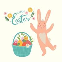 Happy Easter banner, poster, greeting card. Trendy Easter design with lettering, flowers, eggs and happy bunny, in pastel colors on beige background. Flat illustration. vector