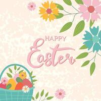 Happy Easter banner, poster, greeting card. Trendy Easter design with lettering, flowers, eggs, in pastel colors with texture on background. Flat illustration. vector