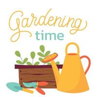 Gardening time. Garden tools, watering can, plants, vegetables, flowers. Spring gardening concept. illustration on white background for poster, icon, card, logo, label vector