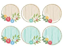 Wooden circle sign elements with flowers. wood board, frame, badge, label, shield, signboard collection. Brown and light blue background for your text. illustration. vector