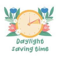 Spring forward concept in flat style, change clock forward one hour, Daylight Saving Time web reminder banner. Clocks with arrow hand turning forward an hour. Minimalist aesthetic web banner. vector