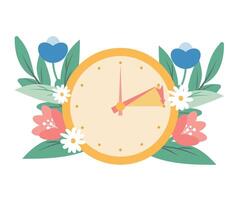 Spring forward concept in flat style, change clock forward one hour, Daylight Saving Time web reminder banner. Clocks with arrow hand turning forward an hour. Minimalist aesthetic web banner. vector