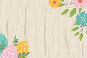 Easter background for banner, template. Trendy Easter design with flowers, basket of easter eggs, in pastel colors with texture on wooden background. Flat illustration. vector