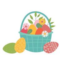 Basket full of painted Easter eggs isolated on white background. Trendy Easter design. Easter egg hunt concept. Flat illustration for poster, icon, card, logo, label. vector