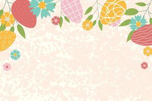 Easter background for banner, template. Trendy Easter design with flowers, eggs, in pastel colors with texture on background. Flat illustration. vector