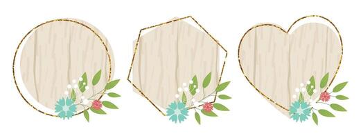 Wooden design elements set with flowers. wood board, frame, badge, label, shield, signboard collection. Brown background without text. illustration. vector