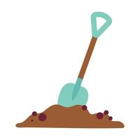 Shovel in pile of ground on white background. Work simple icon. Shovel in dirt sign. flat style. Colored illustration, gardening concept. Cartoon design for poster, icon, card or logo, label vector