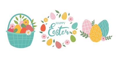 Collection of Easter elements - basket with eggs, wreath, Easter eggs. Flat Illustration in pastel colors isolated on white background for for poster, icon, card, logo, label. vector