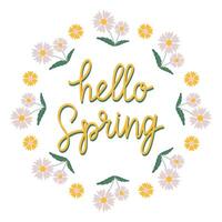 Hand drawn lettering Hello spring card with decorative floral frame, illustration for greeting card, invitation template. Retro, vintage lettering banner, poster, background. vector