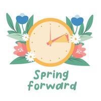 Spring forward concept in flat style, change clock forward one hour, Daylight Saving Time web reminder banner. Clocks with arrow hand turning forward an hour. Minimalist aesthetic web banner. vector