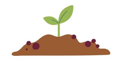 Pile of ground with small green sprout, heap of soil. illustration isolated on white background. illustration. Gardening, plants. Cartoon design for poster, icon, card vector