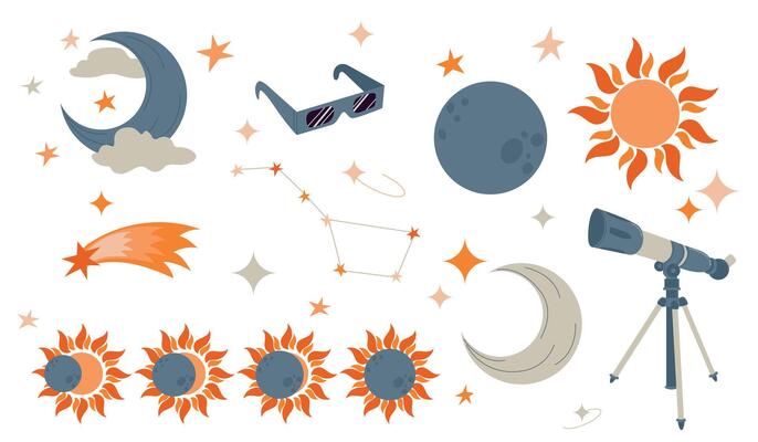 Solar eclipse set, astronomy concept. Illustration of solar eclipse stages, moon, sun, telescope isolated on white background. design element for project, banner, invitation.