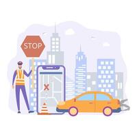 Stop, detour, traffic accident, road safety, violation penalty, car accident. A policeman blocked the road in the town. Traffic Laws. Colorful illustration. vector