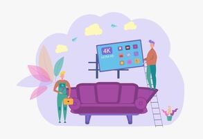 Interior design, installation of home appliances. Workers install the TV on the wall. Colorful illustration vector