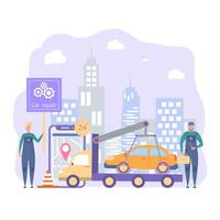 A mechanic is repairing a car. Departure of a specialist at the place of car breakdown. service, evacuation, car service, car repair, round-the-clock assistance. Colorful vector