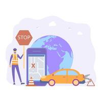 A policeman blocked the road. Traffic Laws. Avoidance of a traffic accident, road safety, penalty for violation, car accident. Colorful illustration. vector