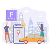 en línea reserva de un estacionamiento espacio para un coche en el ciudad. reserva un estacionamiento espacio, coche estacionamiento servicio. vistoso ilustración. vector