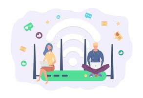 Wireless internet router, modem, Wi-Fi connection. Colorful illustration. vector