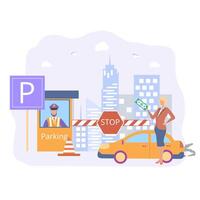 pagado estacionamiento en el metrópoli, tráfico y estacionamiento multas, tarifa, ciudad estacionamiento zona, multa aviso. vistoso ilustración. vector