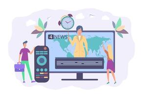 Press, media, news studio. Journalists, reporters telling hot news. Hot online information, breaking news, news headline content concept. Colorful illustration vector