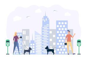 People walk with dogs along the city street. Lounge for dogs. Dog cleaning. Site template. Eco bags for dog care. Dog lovers. Colorful illustration. vector