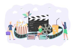 People watch a movie. Home cinema. Cinema advertising. Bucket for popcorn, film strip and reel. Film making banner. Film premiere of the show. Colorful illustration vector