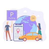 Online reservation of a parking space for a car. Reserve a parking space, car parking service. Colorful illustration. vector