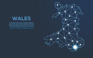 Wales communication network map. low poly image of a global map with lights in the form of cities. Map in the form of a constellation, mute and stars vector