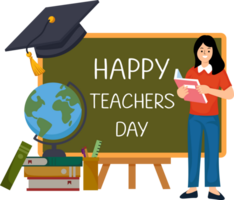 female teacher standing hold book on front a blackboard or happy teachers day png