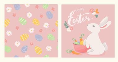 Seamless pattern with easter eggs and flowers on pink background. Easter bunny sitting with easter eggs and carrots on pink background. Illustration set in flat style. Pattern in swatches. vector