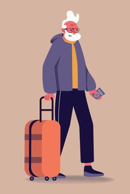 Senior man traveling with trolley bags. Concept of happy retirement. Time for discover new places. Happy old age. Flat illustration in cartoon style isolated